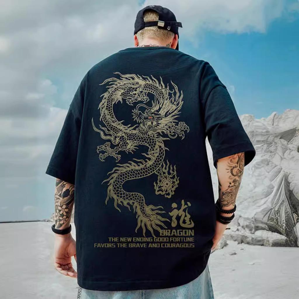 New Chinese Wind Year of the Dragon Printed Short-sleeved T-shirt Men Loose Big Yards Street Hip-hop Five Half-sleeved Tops