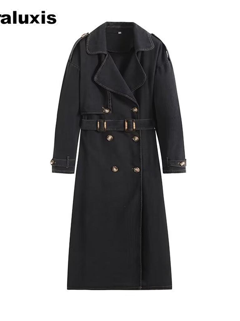 Women's Spring Autumn New Style Windbreaker Loose Double Buckle Belted Denim Jacket Coat British Style Overcoat
