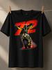Number 72 Moto Racing Red Oversized 72 With Rider Celebrating On Sport Bike And Dramatic Track Glow Unisex All Tshirt