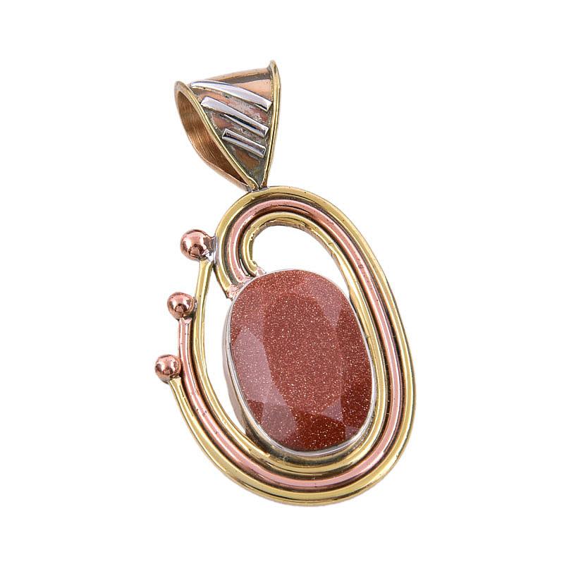 Natural Sunstone Gemstone 925 Solid Sterling Silver Two Tone Pendant 1.50" p2Y10