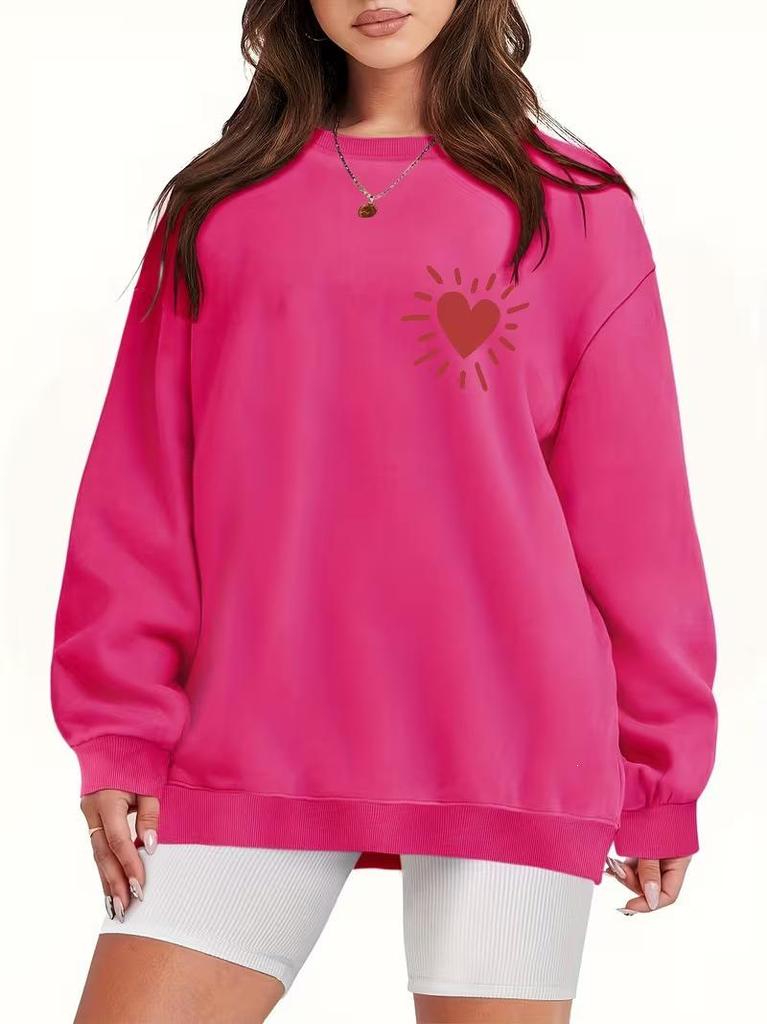 European & American Heart Print Round Neck Long Sleeve Women's Casual Velvet Hoodie - Loose Fit, Trendsetter Style.