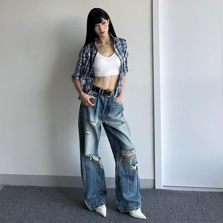 Comfortable Washed Big Yards Broken Holes Wide-legged Jeans Years High-waisted Skinny Old Loose Dragged Trousers Jeans for Women Long Denim Pants