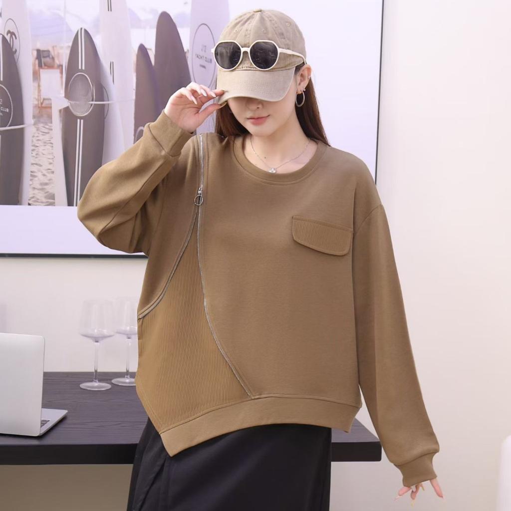 DIMANAF 2025 Autumn Pullover T-shirt Women Zipper Asymmetrical Full Sleeve Loose White Black