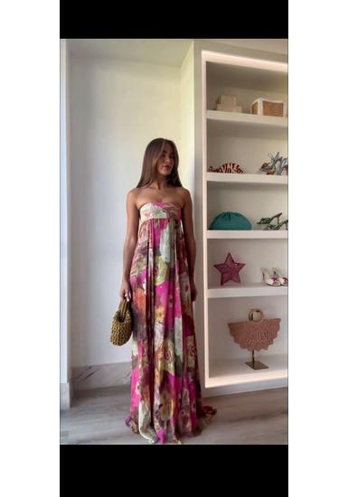 2025 Summer European & American Strapless Printed Dress for Women - Elegant, Sexy Beach Vacation Style Small