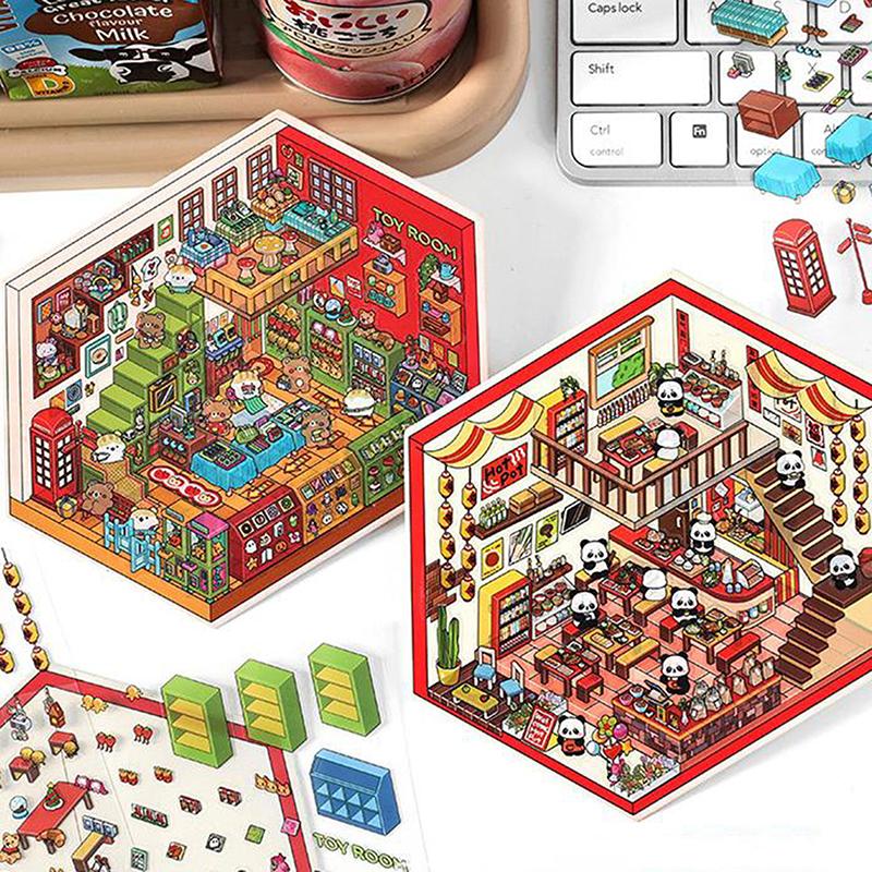 1Set Cartoon 3D Landscape Stickers Pocket Cabin Scene Stacking Pasting Stickers Diy Decoration Stickers Festival Birthday Gifts
