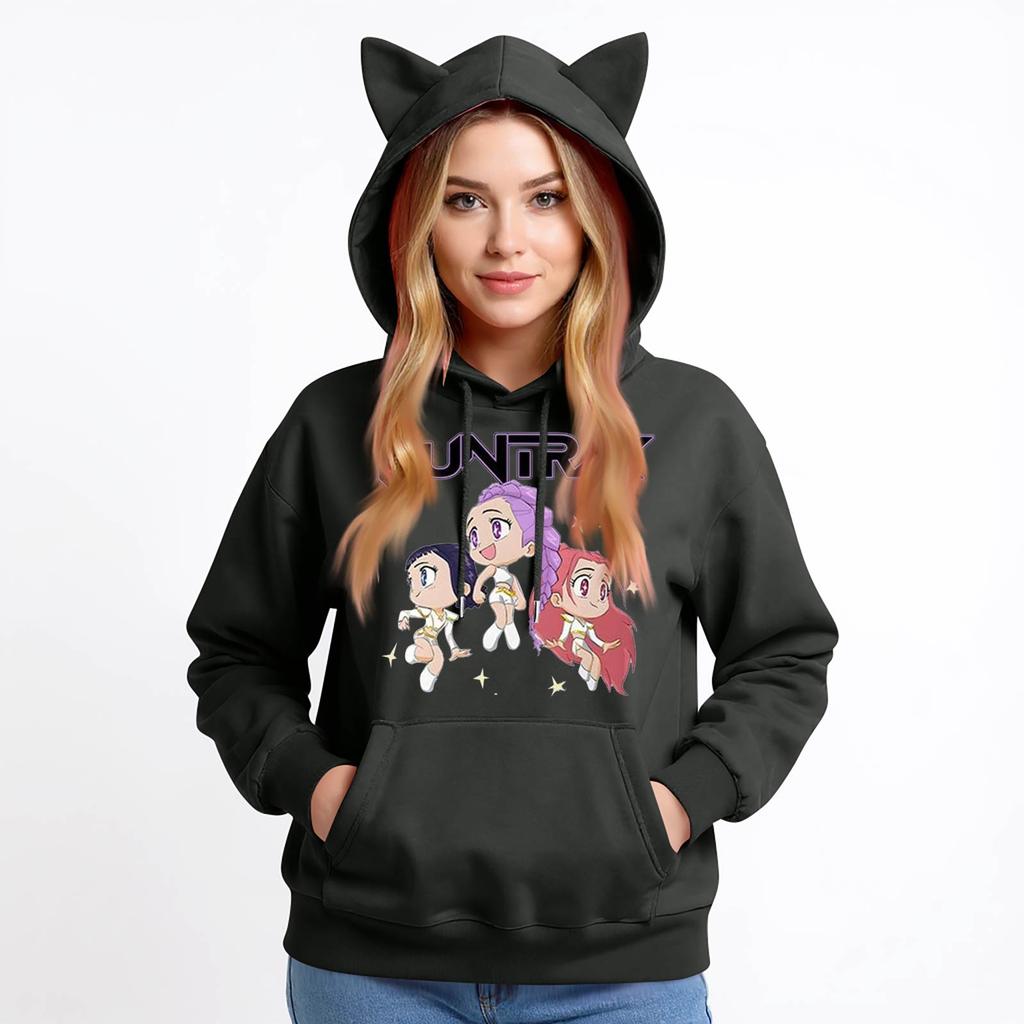 Damemote Casual Langermet trykt Rundhals hettegenser Pullover Topp med lommer