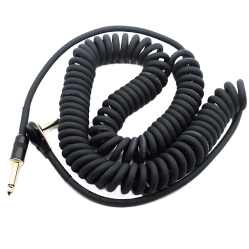 6m Guitar Coiled Cable with Bass Shield, L-S Type, 6.35mm Stereo Plug, Pancake Connector, Instrument Cable (Black)