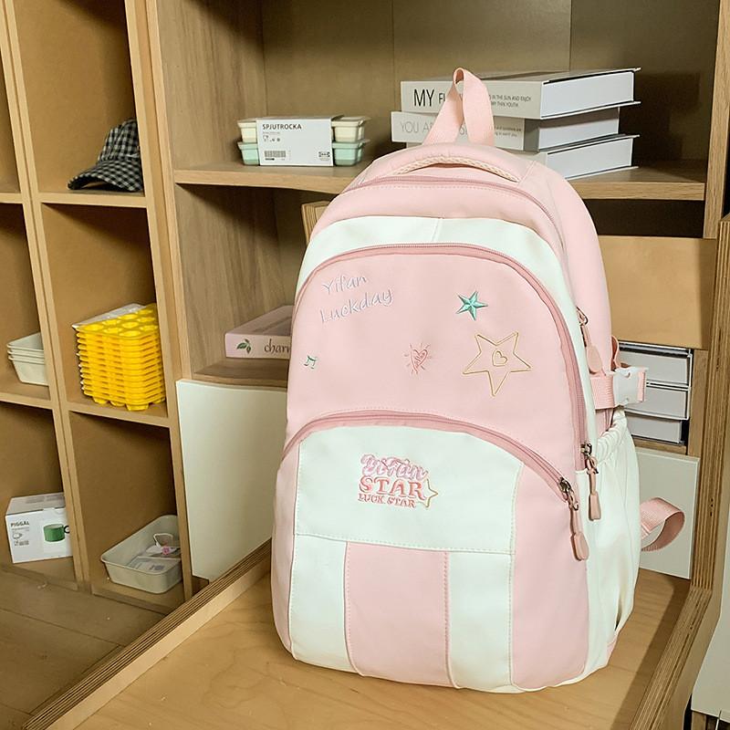 Blocked Letters Color Star Embroidery Pattern Student Backpack With Pendant