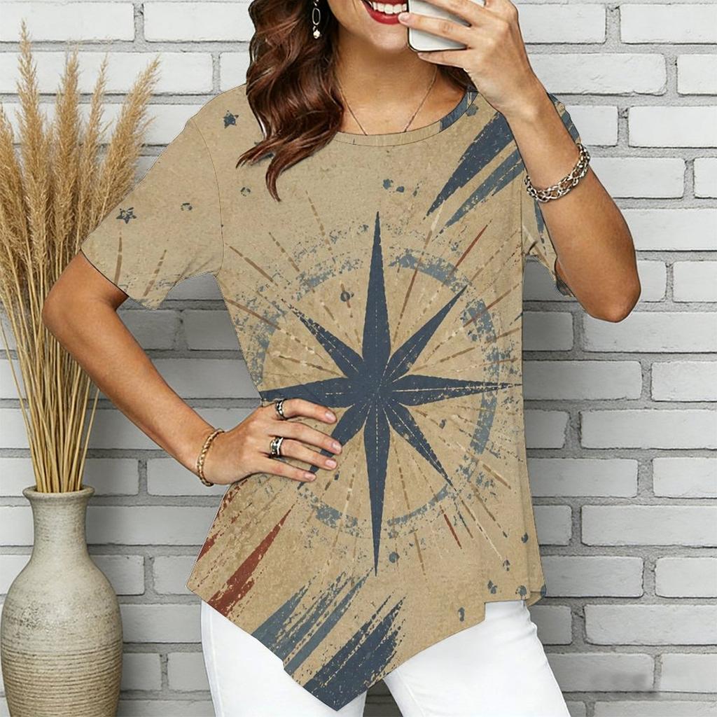 Women Plus Size Short Sleeve Asymmetric Hem Top Pink Crystal Heart Gem Glitter Print Blouse