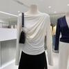 New 2024 Off-Shoulder Ruched Long-Sleeve T-Shirt, Rayon 1x1, 260g, High-End.