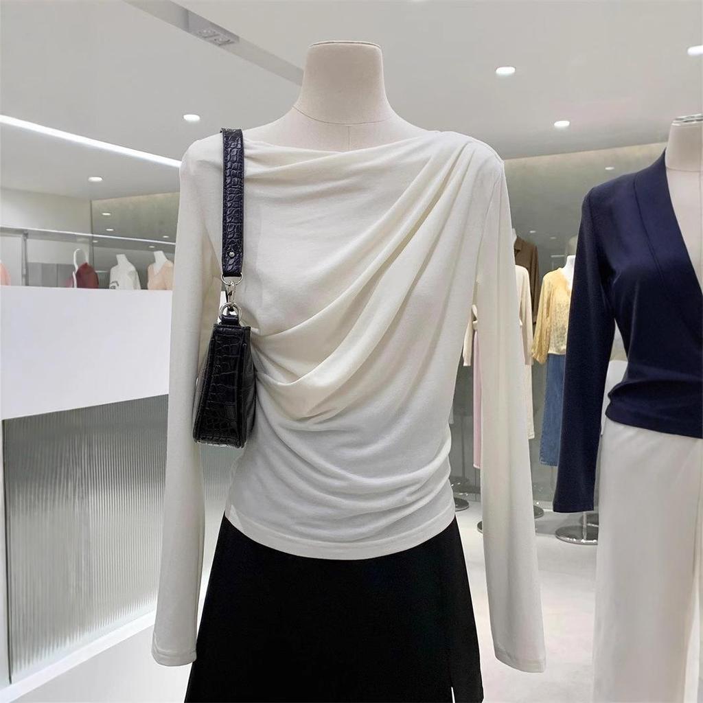 New 2024 Off-Shoulder Ruched Long-Sleeve T-Shirt, Rayon 1x1, 260g, High-End.