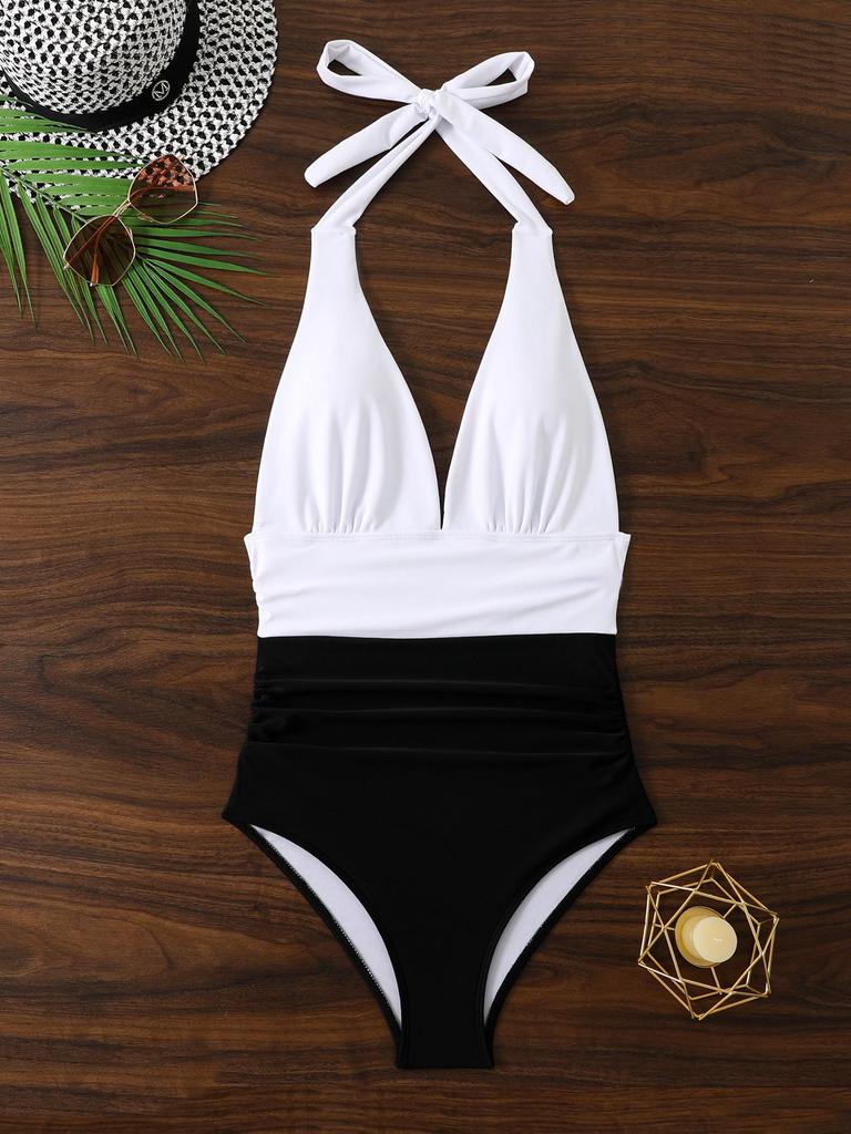 2025 Stylish European & American High-Waisted Backless Color Block One-Piece Swimsuit