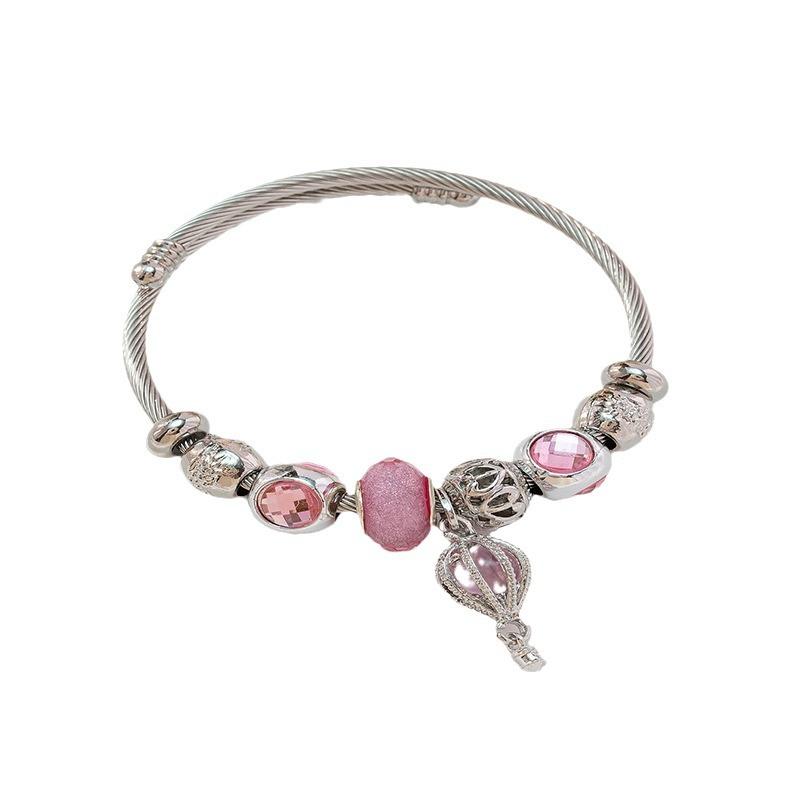 Adjustable Open Bangle Bracelet With DIY Beaded Pink Air Balloon Charm Stainless Steel