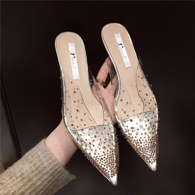 Przezroczyste Przezroczyste Obcasy Sandały Damskie Kapcie Kryształki Muły Buty dla Kobiet 2024 Moda Elegancki Średni Obcas Lato Nowość 2024