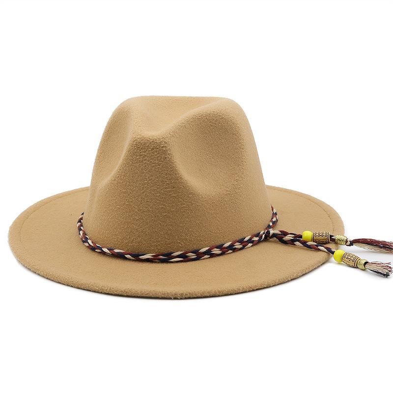 European and American women's new colorful rope jazz hat, big brim fashion flat hat, autumn and winter British style men's woolen top hat tide