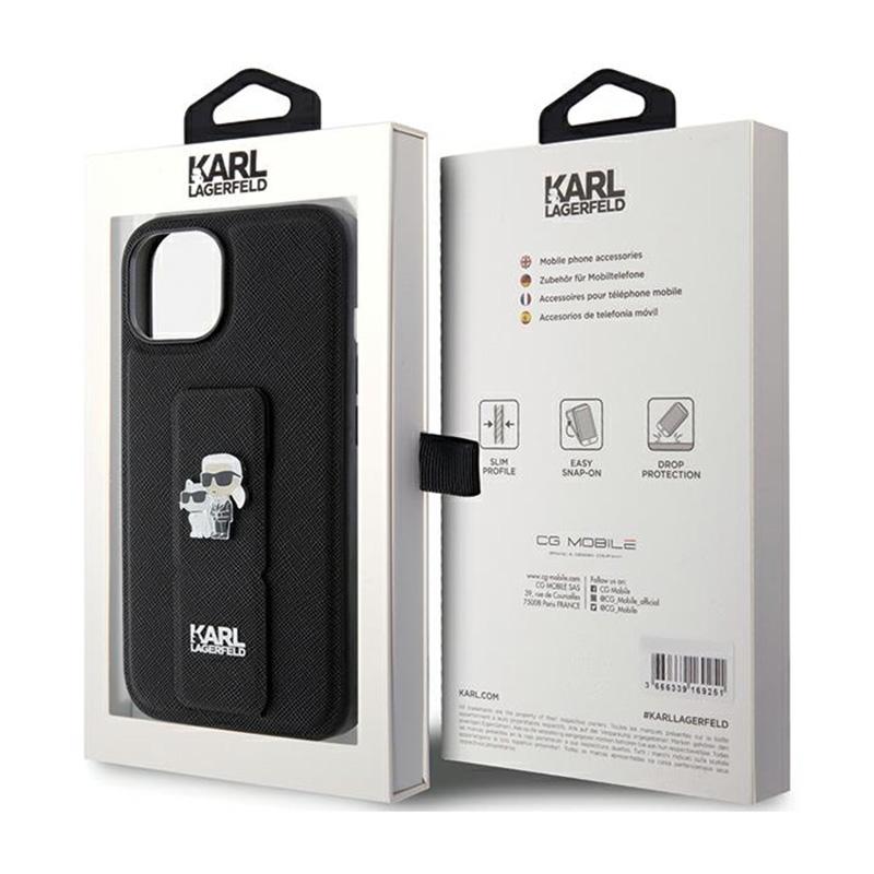 Karl Lagerfeld Gripstand Saffiano Karl & Choupette Pins - Etui Iphone 15 (Czarny)