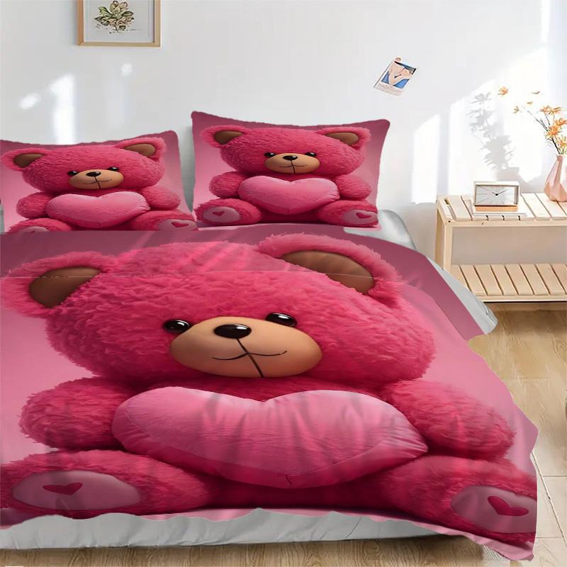 3pcs Pink Teddy Bear Bedding Set - Includes One Quilt Cover and Two Pillowcases (No Core) - Home Decor, Festival Gift, Polyester Fabric, Ani