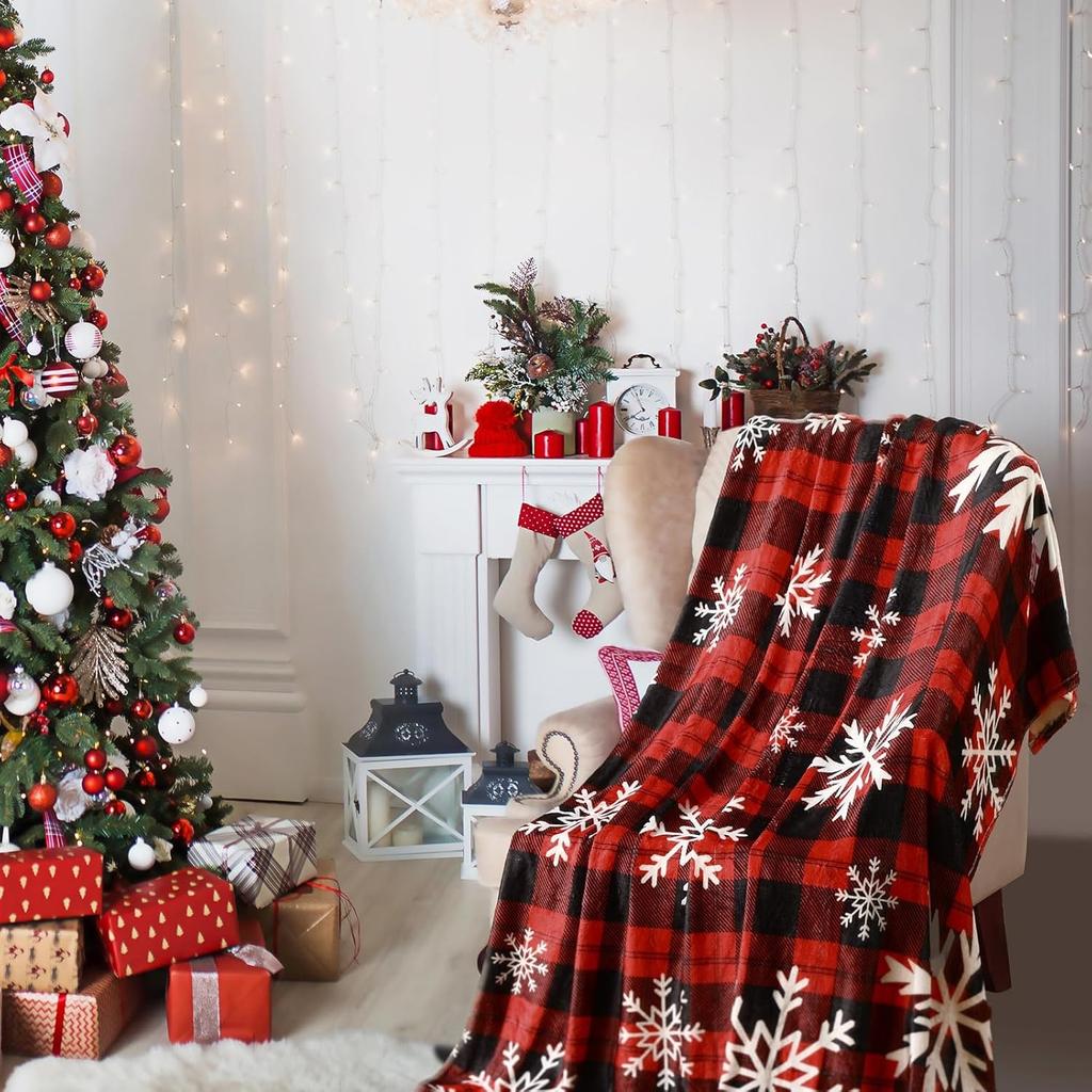 1PC Throw Christmas Red Plaid Flannel Blanket Snowflakes Xmas Holiday Throw Soft Lightweight Decorative Blankets Throws Gifts