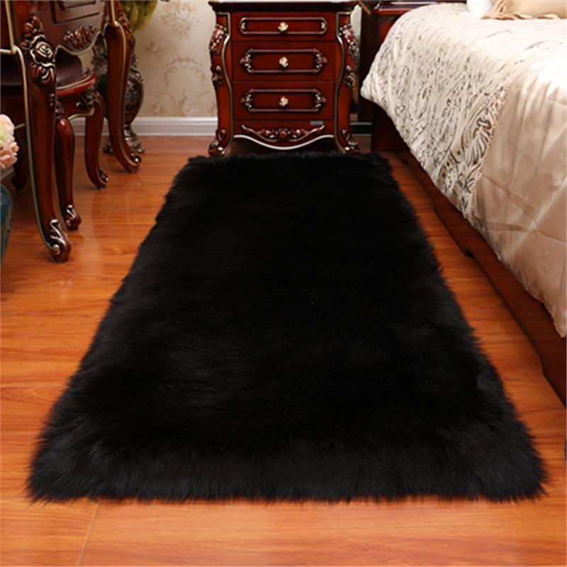 Large Rectangular White Plush Long-Pile Carpet for Living Room or Bedroom