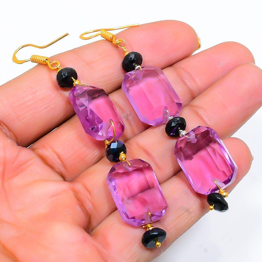 Pink Amethyst Gemstone Handmade 925 Sterling Silver Jewelry Earring 2.88" GK-4823