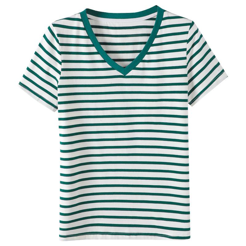 Letní nové tričko v korejském stylu s krátkým rukávem Dámské tričko z čisté bavlny s proužkovaným volným výstřihem do V