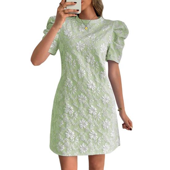 Women's Textured Jacquard Dress Crewneck Short Puff Sleeve A-line Dress Summer Floral Mini Dresses