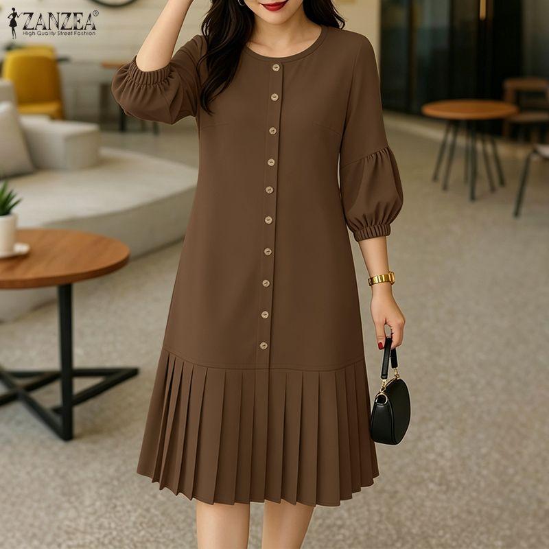 ZANZEA Damen Casual Rundhals 3/4 Ärmel Lockeres Plissee-Kleid 3XL hellbraune
