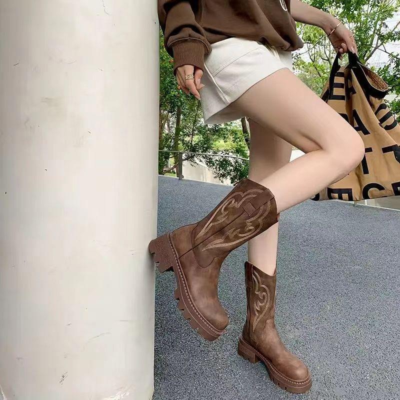 Retro Soft Leather Thick Sole Western Cowboy Mid-Calf Boots for Women, Autumn/Winter Martin Style