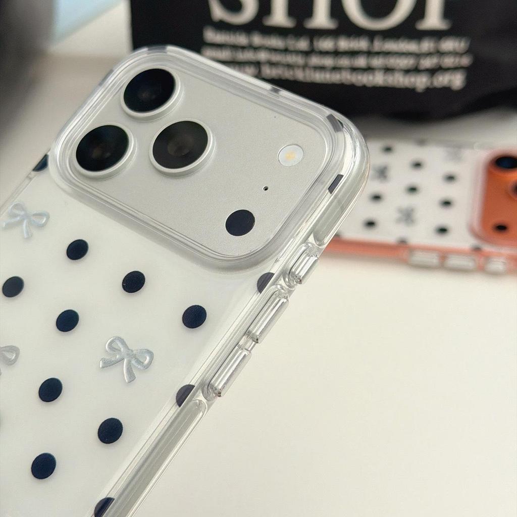 Simple Black and White Polka Dot Bow Phone Case for iPhone 17 Pro Max/16, Double Layer Design for Models 15/14.