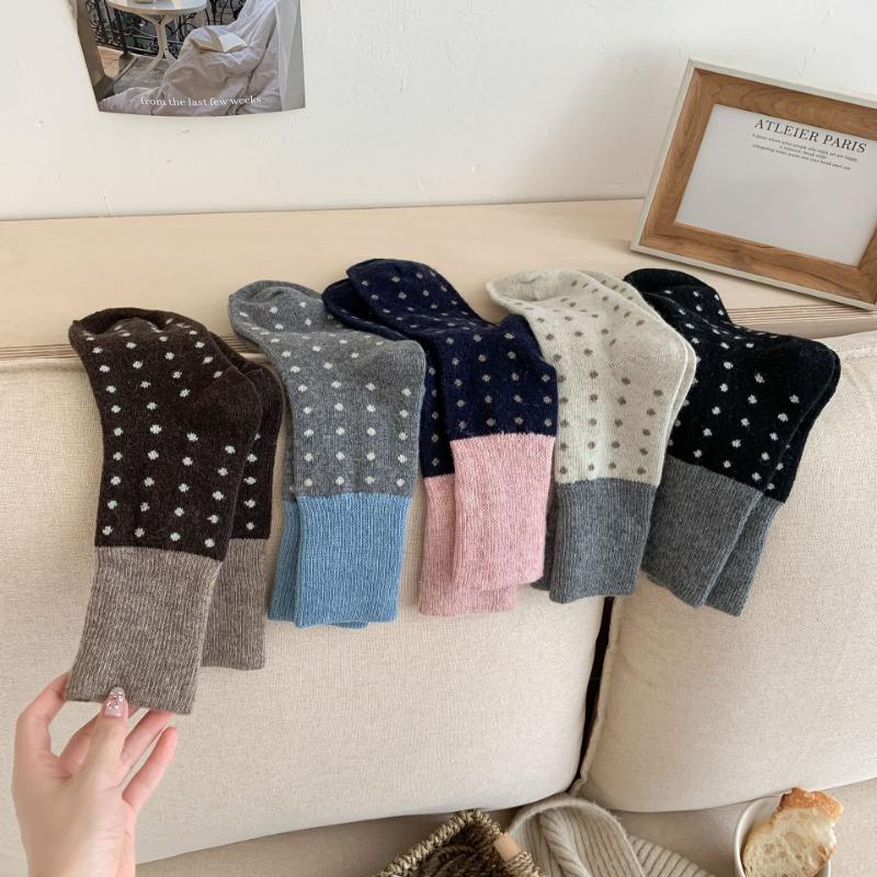 Thick and Warm Wool Polka Dot Socks for Autumn and Winter, Color-blocking Men's Mid-calf Pile Socks for Women