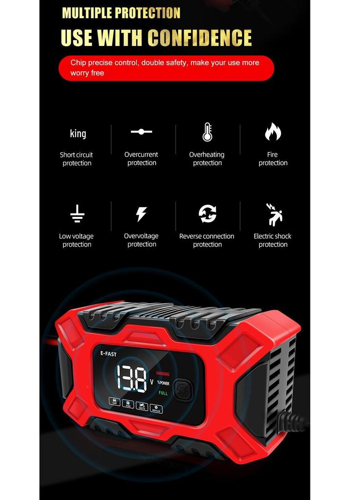 E-FAST 12V Auto-Stop Battery Charger for Motorcycles & Cars