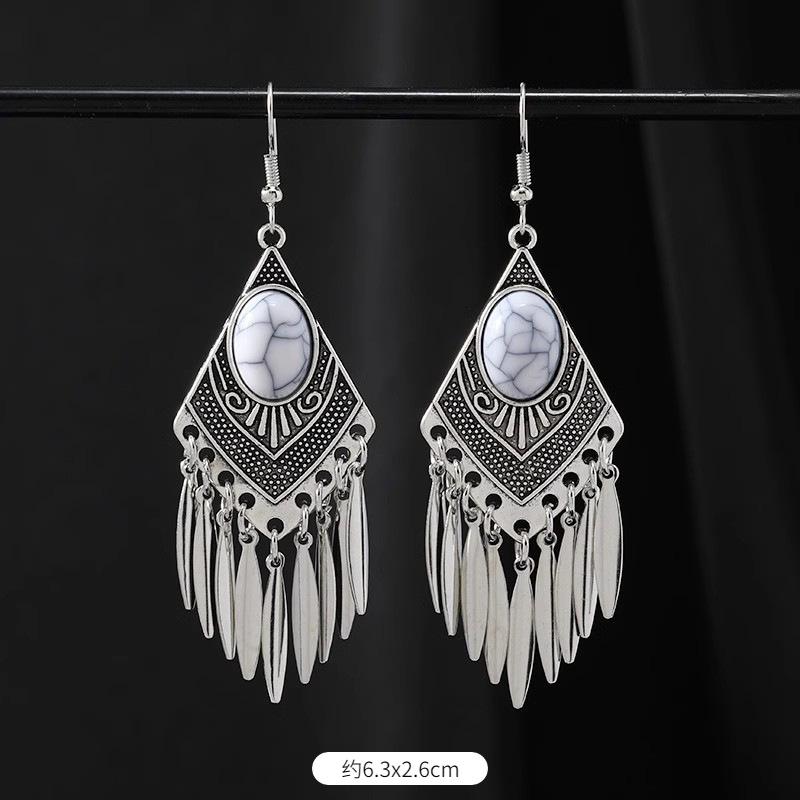 Vintage stone fringed earrings silver women's bohemian long personalized Tibetan temperament vacation earrings