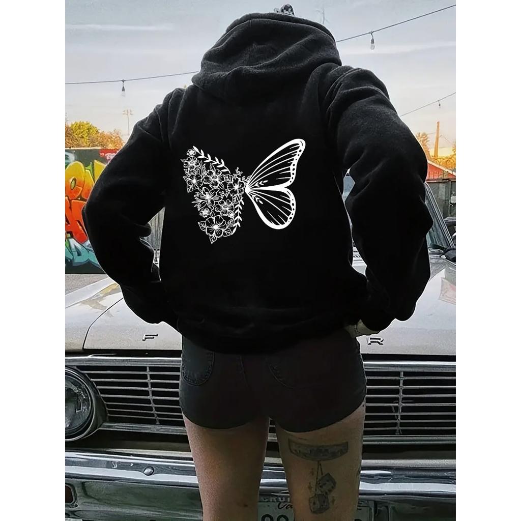 Women'S Fleece Shoulder Sleeve Sweater Letter Print Kangaroo Pocket Drawstring Butterfly Hoodie