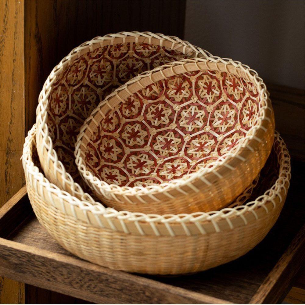 Round Bamboo Storage Basket Sturdy Fruit  Serving Tray High-quality Hand Woven Basket  Office