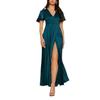 Women's Holiday Dress Solid Color Short-sleeved V-neck Sexy High Waist Slit Long Dress
