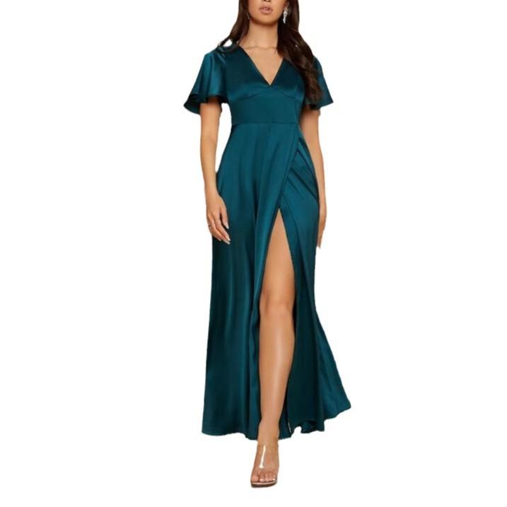 Women's Holiday Dress Solid Color Short-sleeved V-neck Sexy High Waist Slit Long Dress