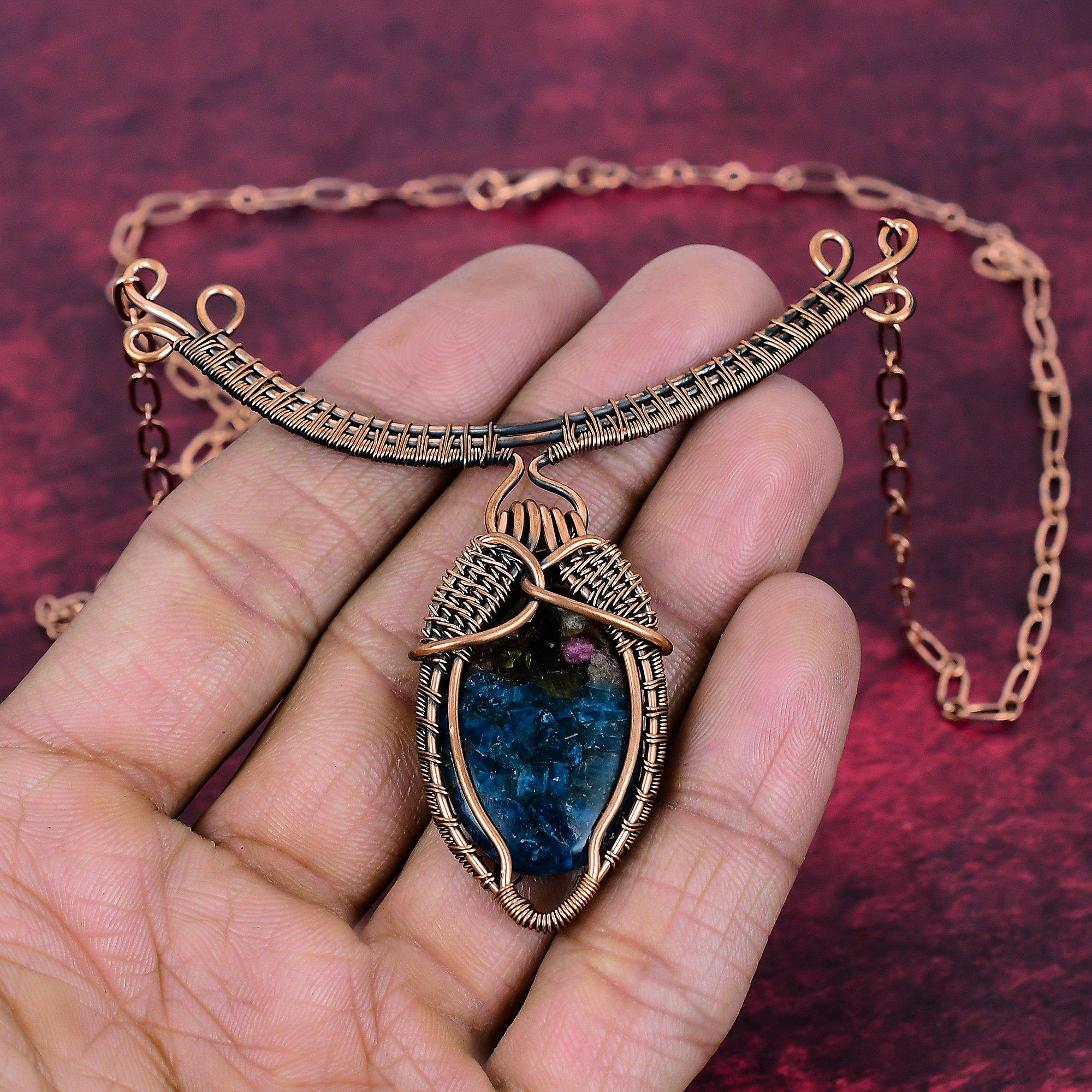 Copper Watermelon Tourmaline Necklace Copper Wire Wrap Adjustable Chain Necklace Adjustable