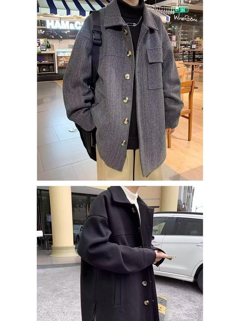 Men's Mid-Length Woolen Coat: Casual, Trendy, Oversized High-End Winter and Autumn Windbreaker.