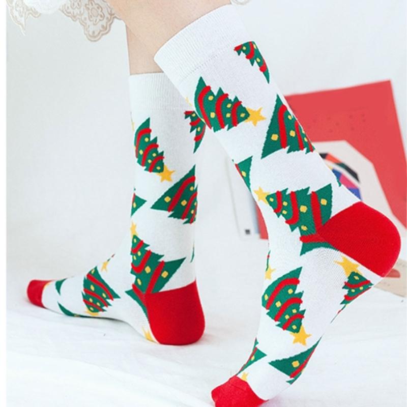 1 Pair Women's Thermal Winter Under Knee Socks Breathable Cotton Christmas Design Nonslip Elastic Cosy Middle Tube