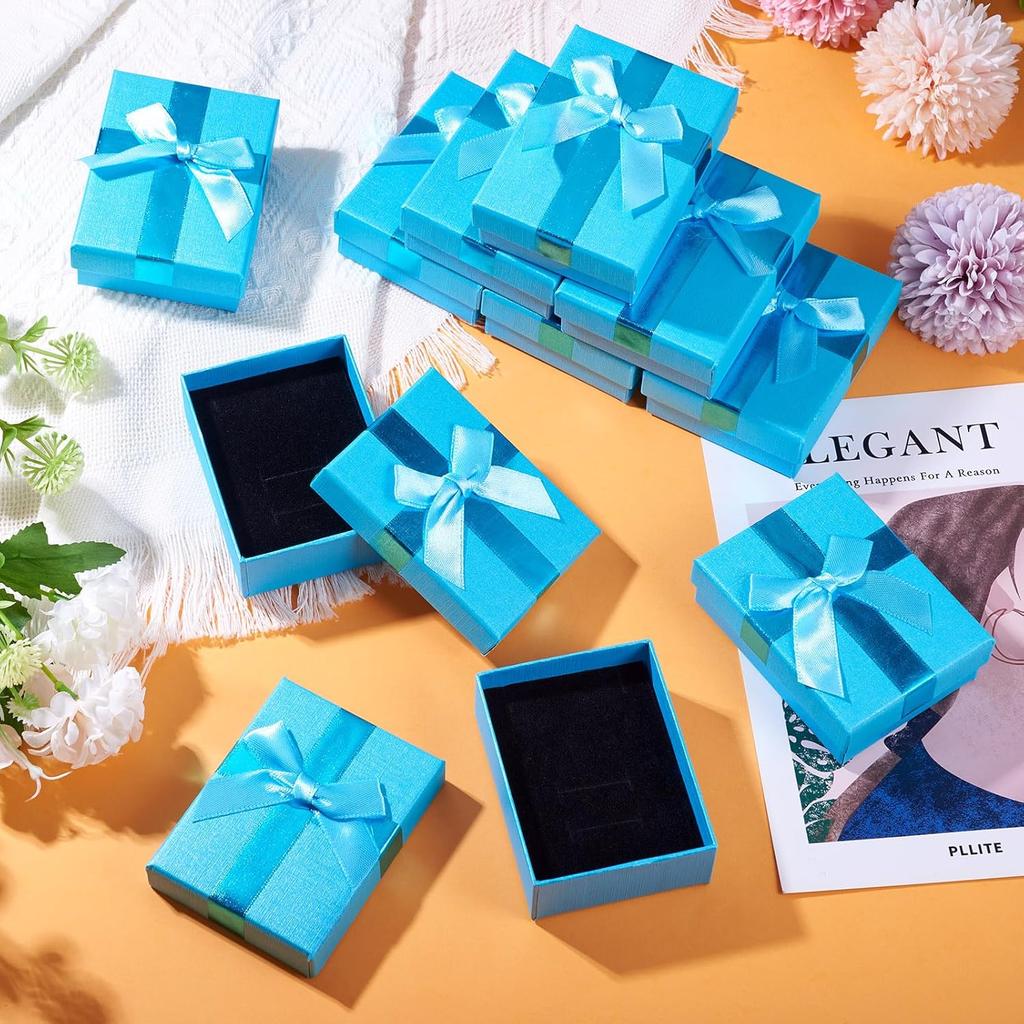 Craftdady 12 Pack Light Sky Blue Jewelry Boxes, Small Rectangle Paper Jewelry Present Boxes with Lids Bowknot Necklace Pendant Ring Earring Packing