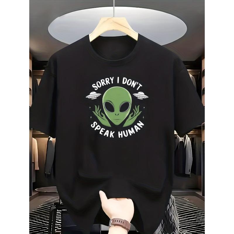 

Men S Casual Crew Neck Short-Sleeved T-Shirt with a Green Alien Pattern on The Front, Stylish And Versatile Trendy Print Short Sleeves. 4XL чорний
