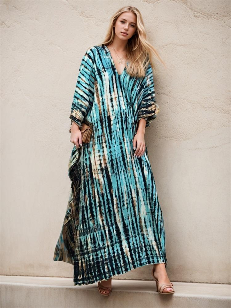 EDOLYNSA 2024 Plus Size Striped Tie-dye V-neck Short Sleeve Kaftan Sexy Swimsuit Coverup For Women Summer Beach Dress House Dresses Q1218