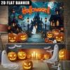 1 piece of 2D flat banner a Halloween banner poster with a horror castle design and a pumpkin monster theme.PMJ