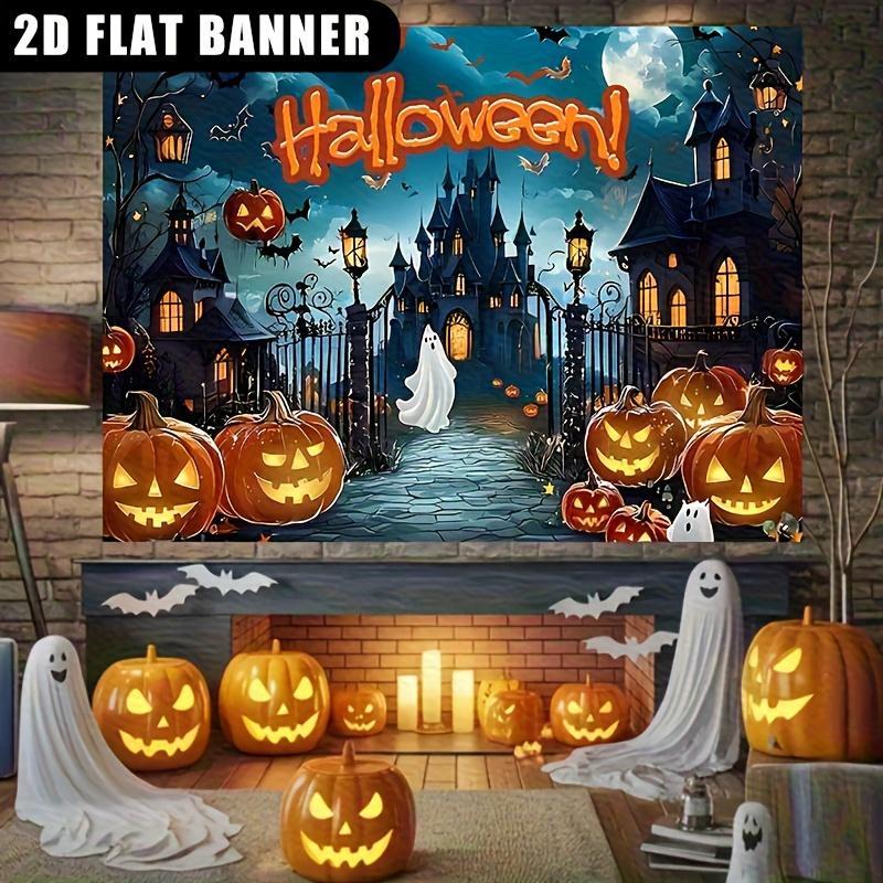 1 piece of 2D flat banner a Halloween banner poster with a horror castle design and a pumpkin monster theme.PMJ