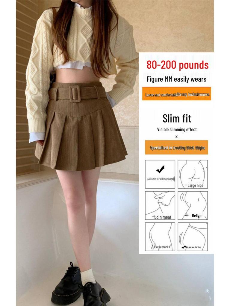 Fat Sister Corduroy Pleated A-Line Skirt for Women - High Waist Slimming Short Skirt for Autumn/Winter