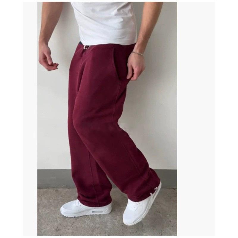 Jun Lin NO.1 2026 Nieuwe Vintage Trendy Losse Wijde Pijpen Broek Heren Casual Broek Effen Kleur Veelzijdig Fleece Joggingbroek 3XL wijnrode kleur
