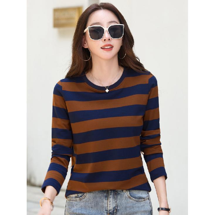 Dámské letní fialové pruhované bavlněné tričko s kulatým výstřihem, dlouhým rukávem, volného střihu, ležérní módní top s protižmolkovací úpravou, digitální