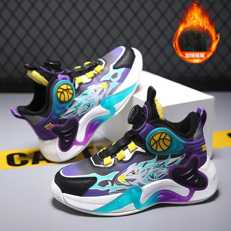 Children's basketball shoes 2025 autumn and winter velvet boys' sports shoes non-slip middle and older boys' running shoes rotating buckle