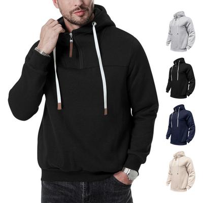 Men Winter Hoodie Zippered Half-open Stand-up Collar Solid Color Loose Pullover Sport Top Elastic Cuffs Keep Warm Daily Clothes