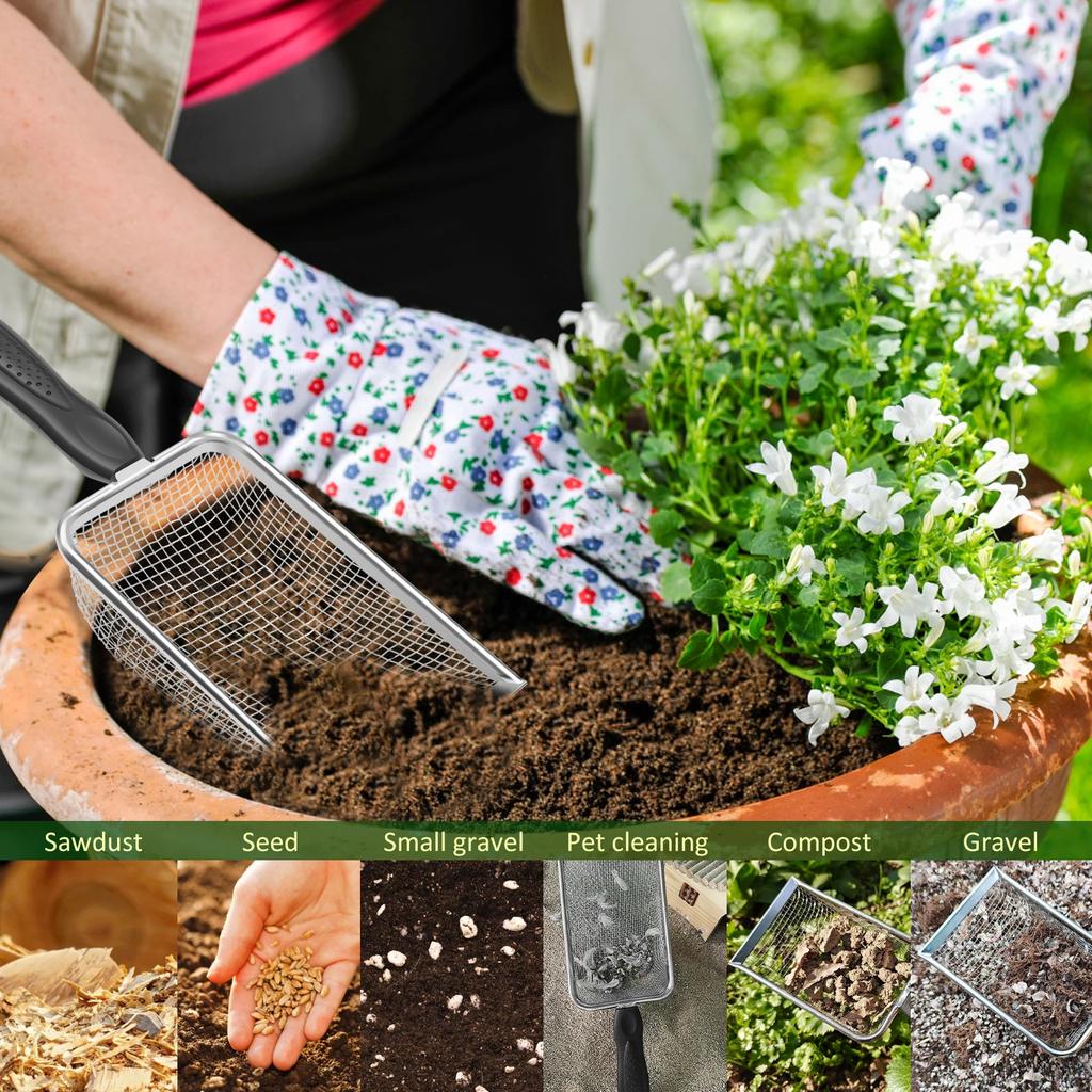 3/4Pcs Gardening Soil Sifters Stainless Steel Sand Soil Compost Sifter with Handle High Efficient Sieve Sifter Potting Scoop